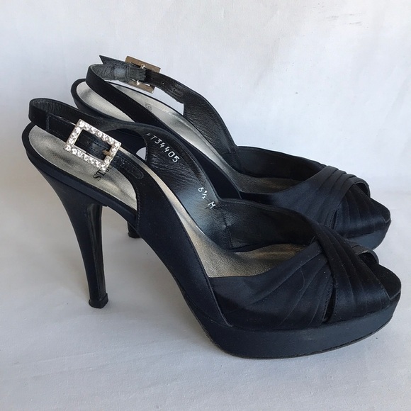 St. John Shoes - St. John black satiny platform heels with ankle strap, crystal buckle, size 6.5